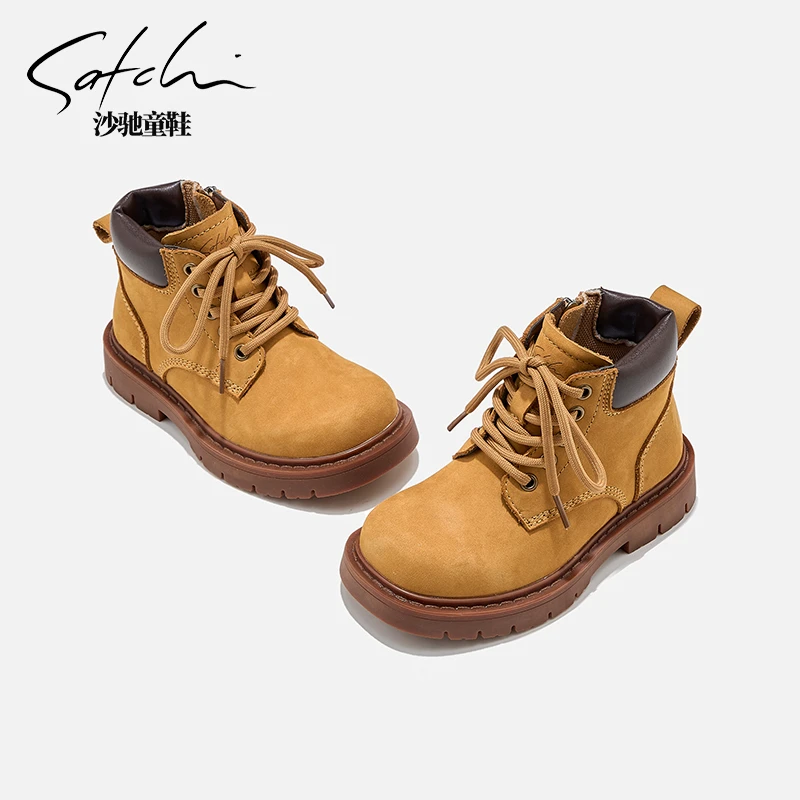 沙驰童鞋马丁靴冬季新款真皮大黄靴加绒二棉保暖皮靴男女童24688