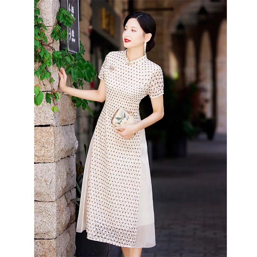 【白月光】衣长117新款春夏短袖中长款显瘦减龄旗袍连衣裙