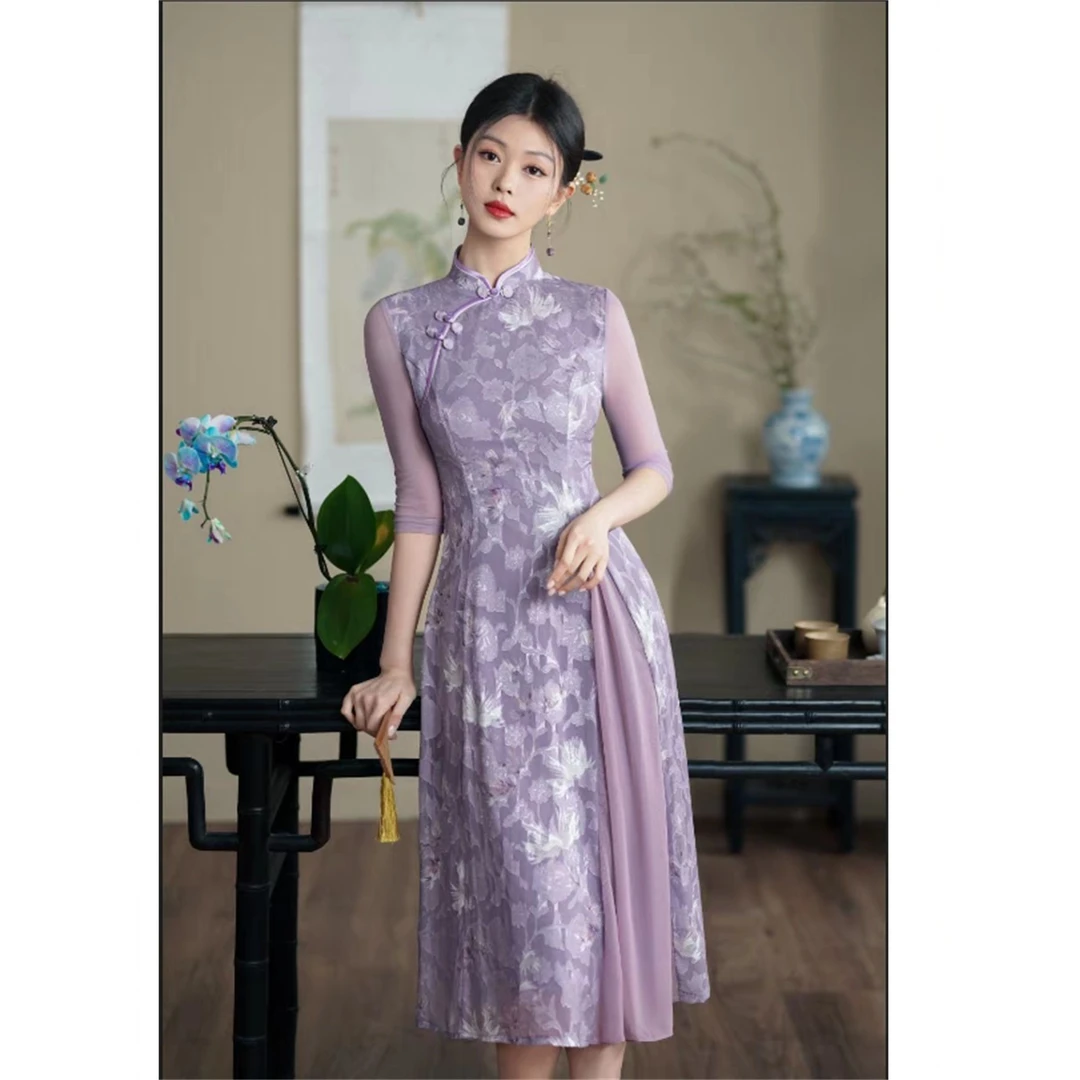 【青棠】衣长120新款夏款短袖长款新中式国风显瘦减龄高档旗袍