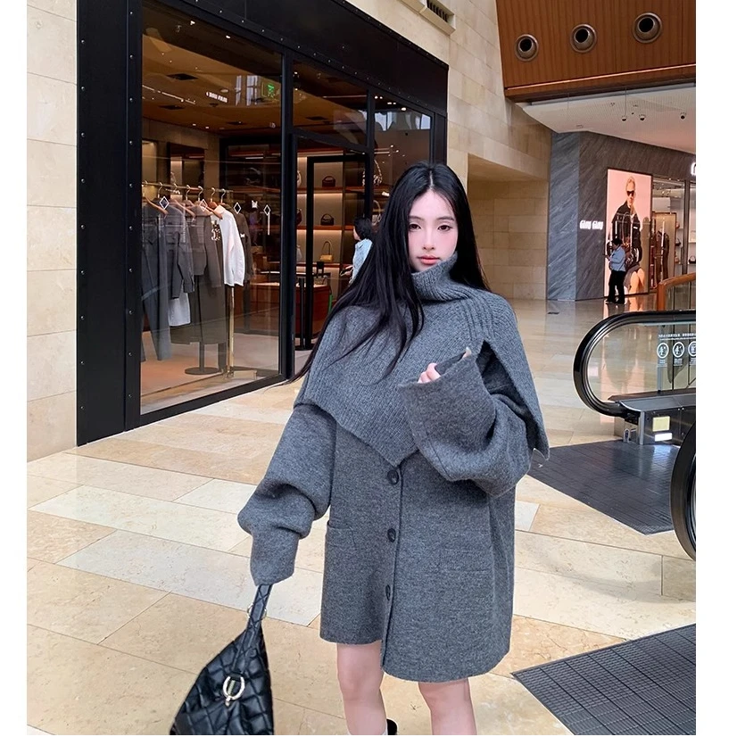 复古灰色长袖毛衣外套女秋冬季宽松针织开衫上衣外搭披肩两件套