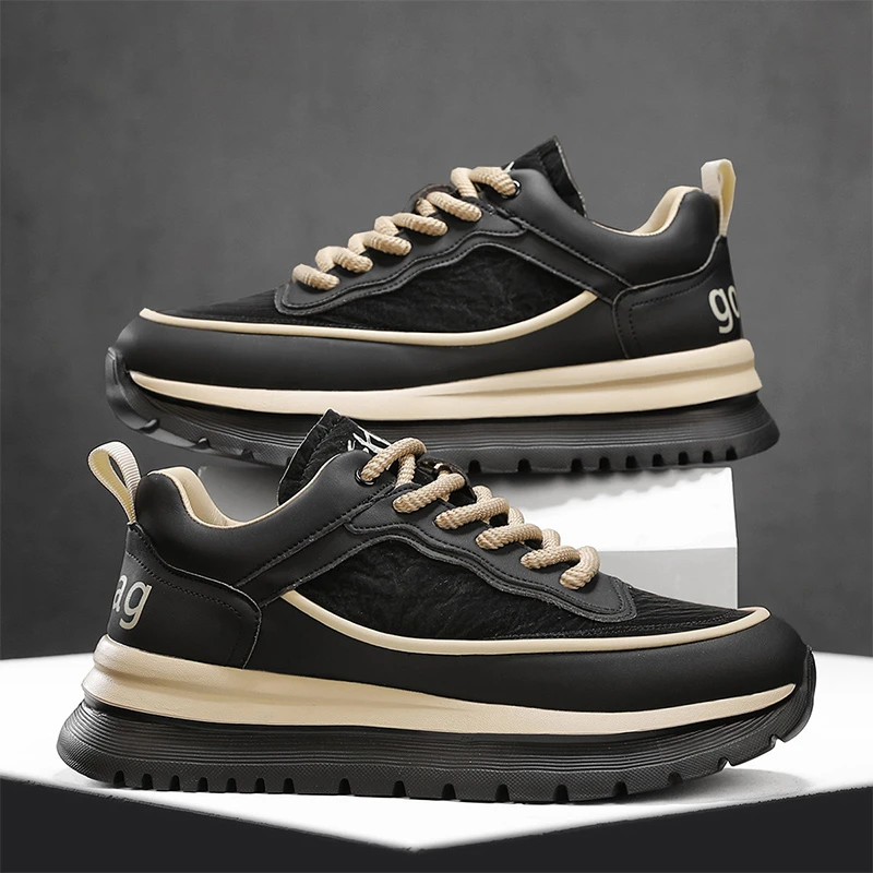 厚底阿甘男鞋秋季黑色防水皮面工作劳保鞋男士跑步防滑运动老爹鞋