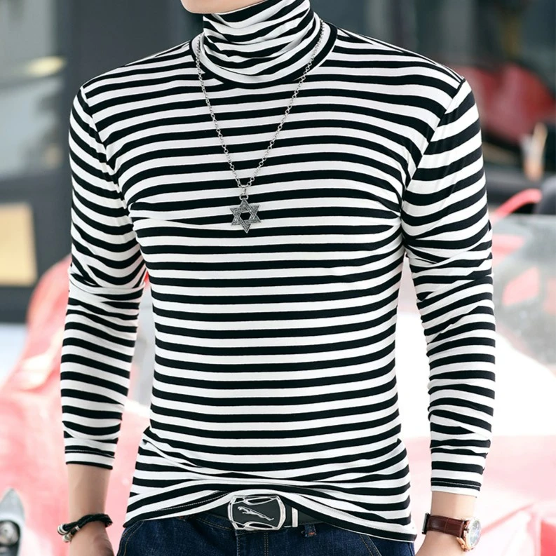 高领条纹长袖打底衫男简约秋冬季新款大码宽松纯色t恤衫外穿上衣