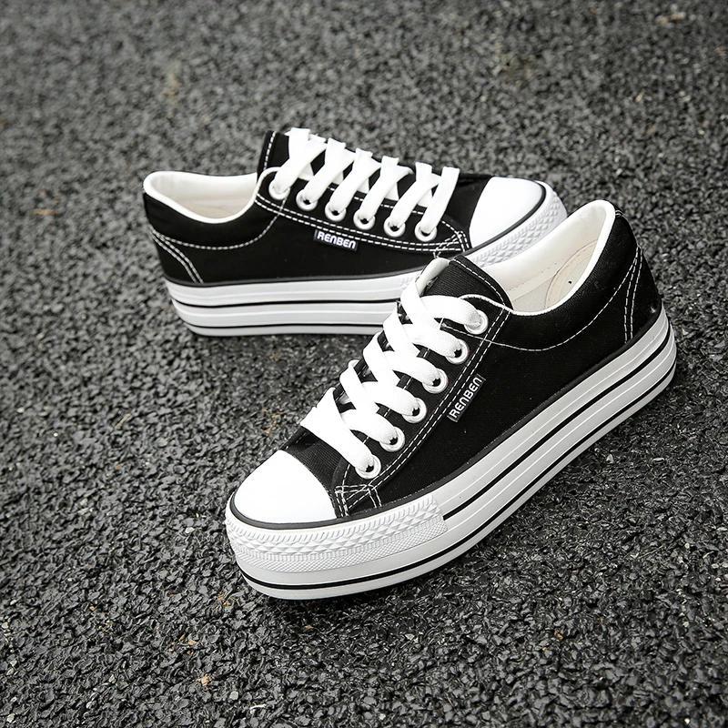 人本帆布鞋女春款学生板鞋厚底松糕跟女鞋ins低帮小白鞋休闲布鞋