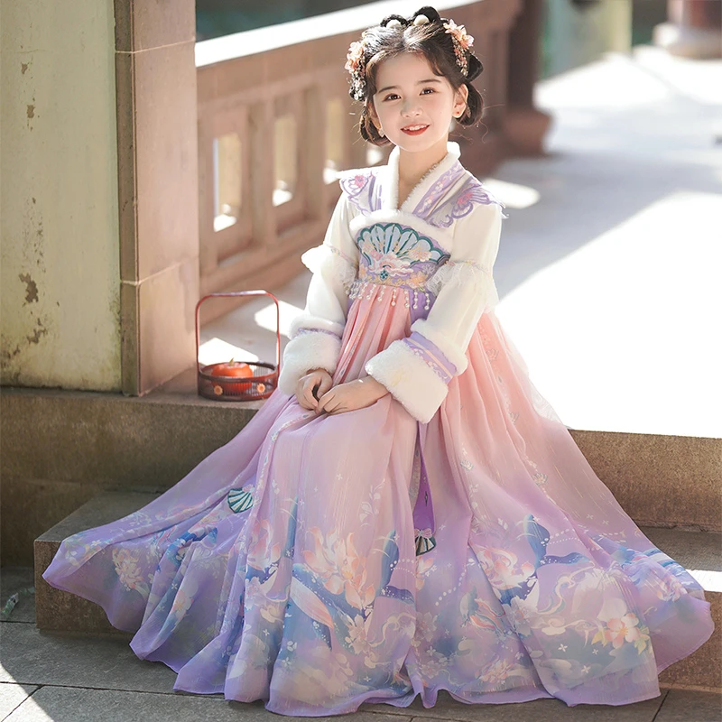 SL2339女童汉服连衣裙冬装新款加绒裙子儿童中国风古装秋冬公主裙