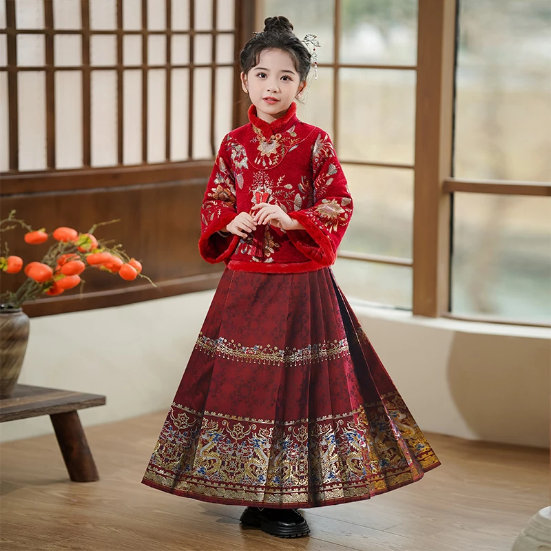 SL3019女童马面裙套装长袖冬款加绒唐装红色女孩过年新年装汉服