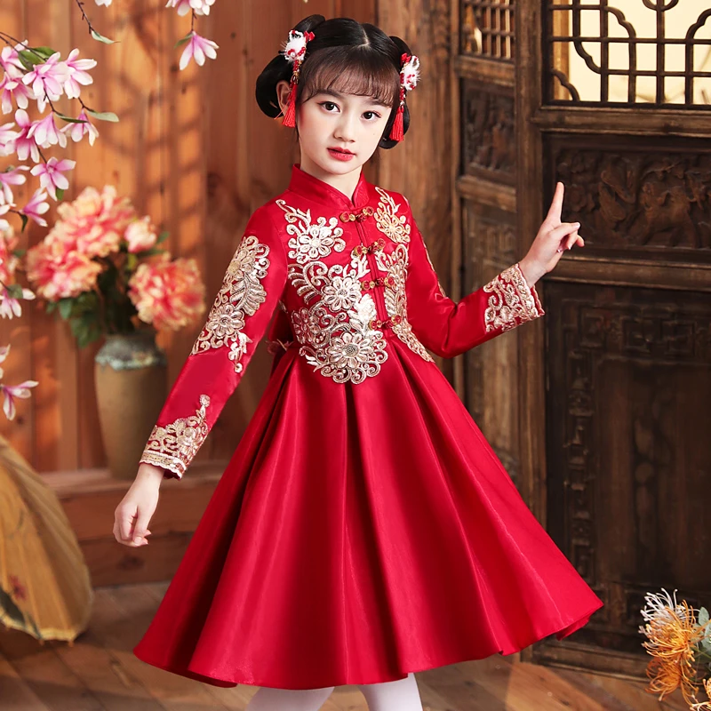 A557#汉服女童秋冬加绒加厚儿童中国风唐装超仙古装连衣裙拜年服