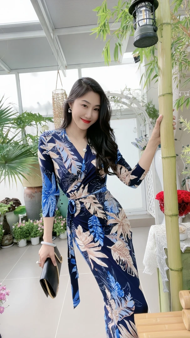 蓝色大叶子 裹身裙一片式V领优雅时尚气质修身印花女装连衣裙显瘦