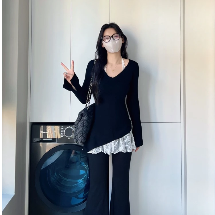 新款慵懒风花边蕾丝挂脖打底裙V领不规则黑色针织衫毛衣女两件套