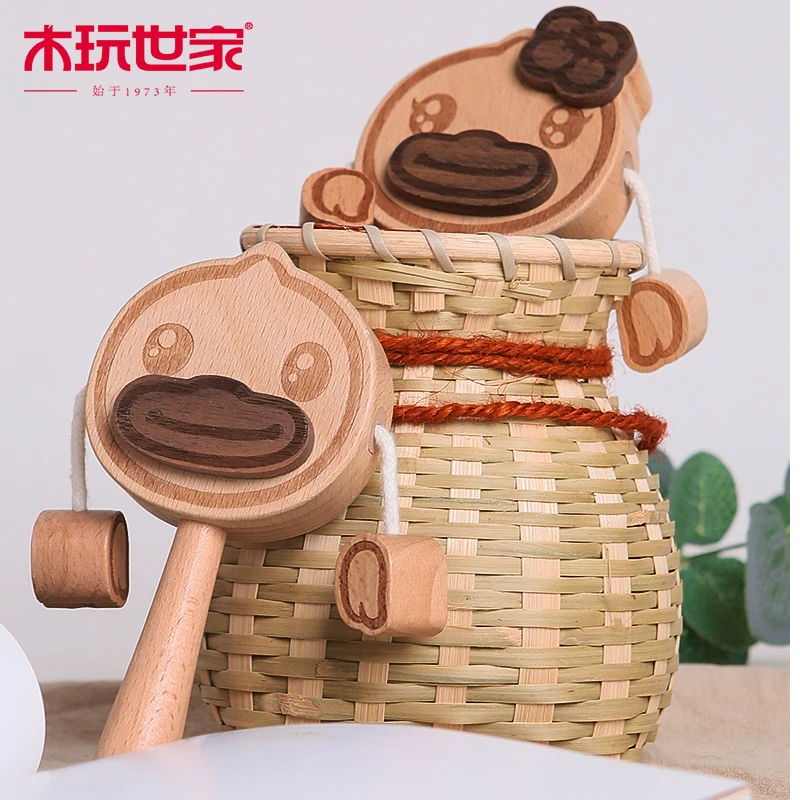 木玩世家B.duck小黄鸭婴儿拨浪鼓传统木质手摇新生宝宝玩具可啃咬