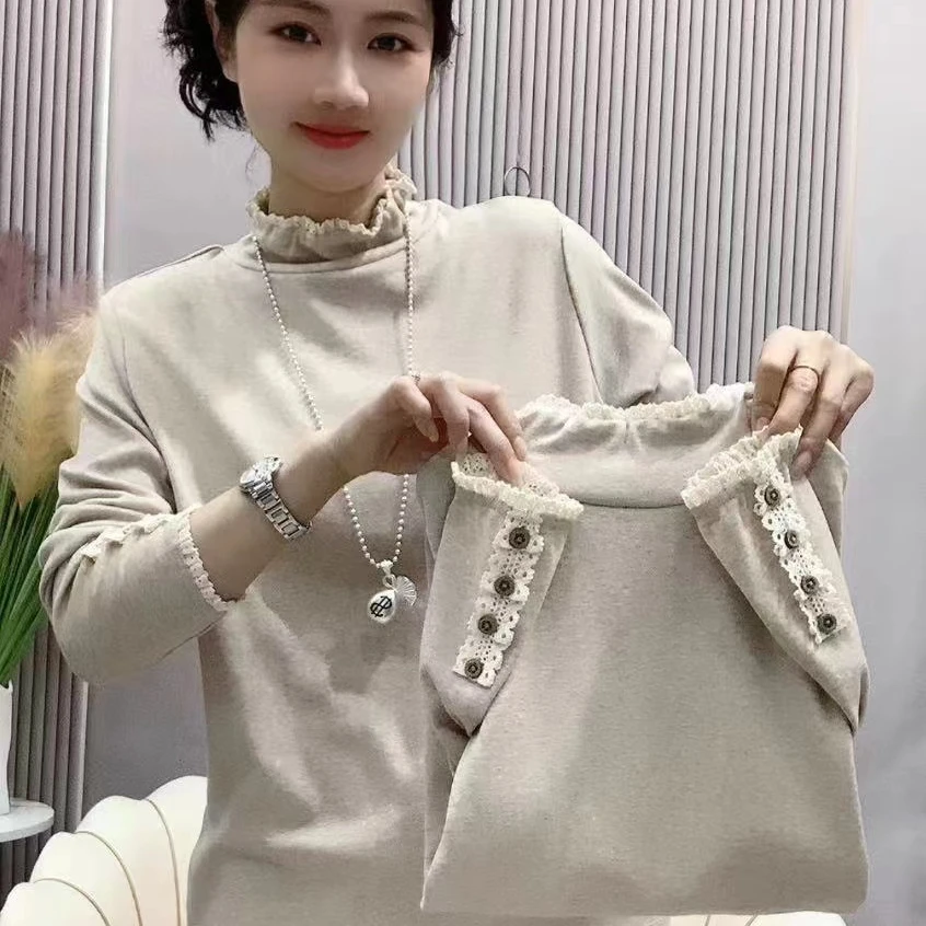 新款彩棉木耳领花边打底衫