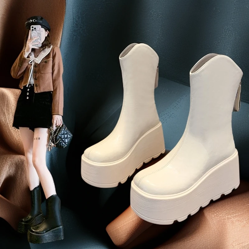 小豆妞2024新款秋冬厚底增高9公分英伦风中筒靴松糕厚底瘦瘦短靴
