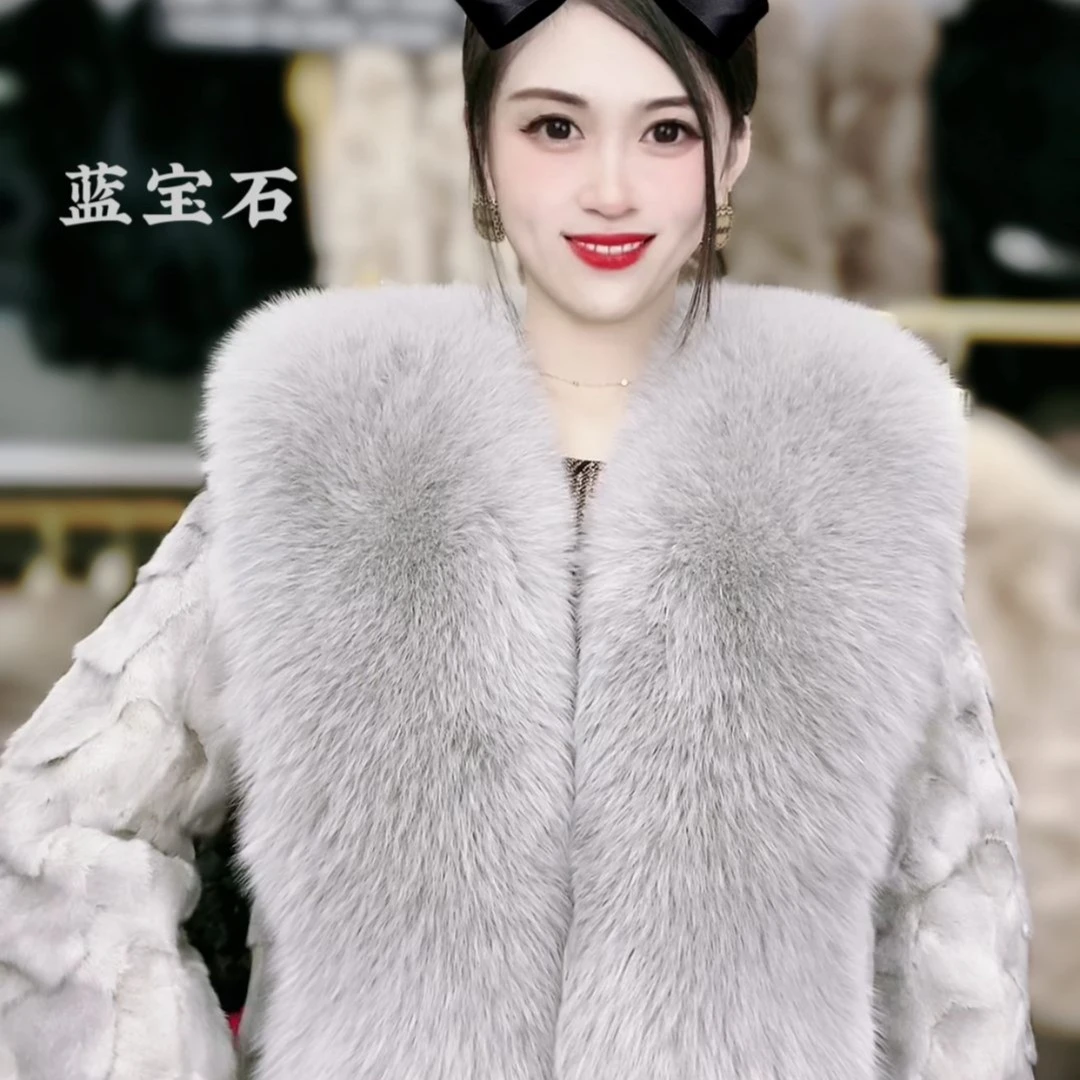【蓝宝石】原色高端水貂毛皮草披肩款海军大毛领门襟款时尚外套