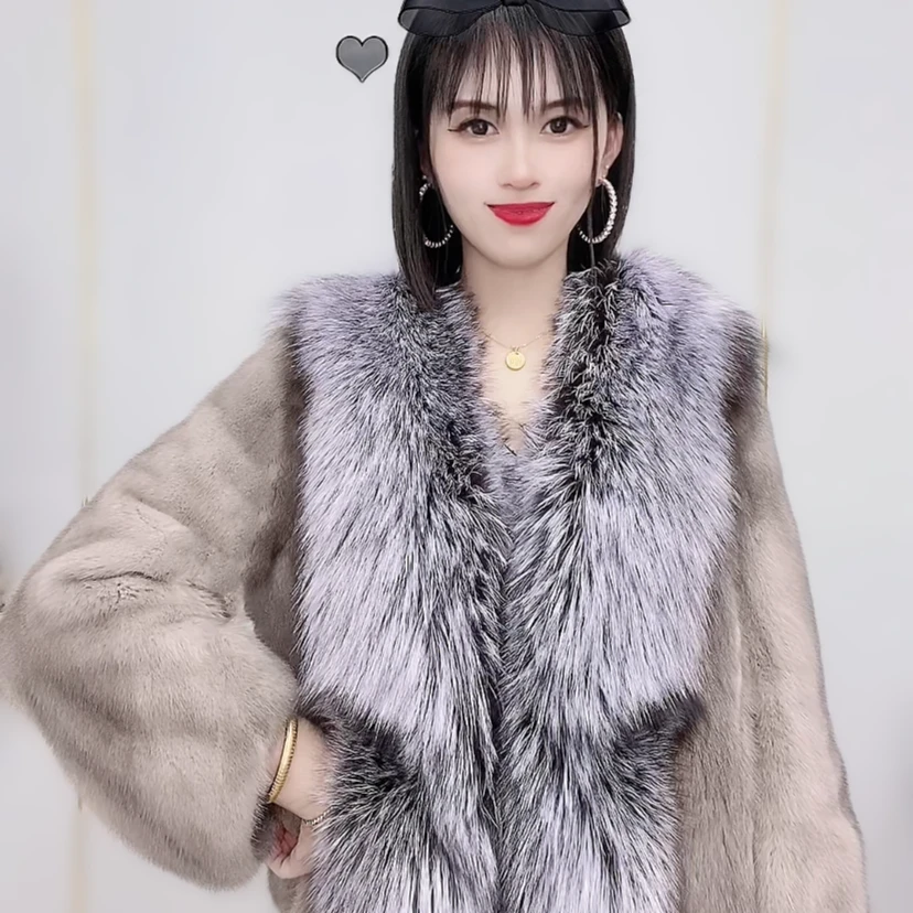 水貂毛皮银狐大毛领时尚设计师款皮草外套轻奢气质v领秋冬女士