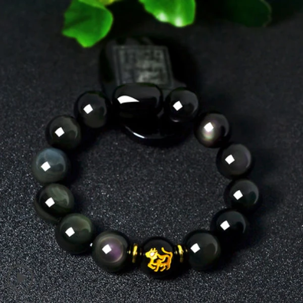 天然黑曜石十二生肖手链男红玛瑙珠串女情侣本命年属相水晶饰品