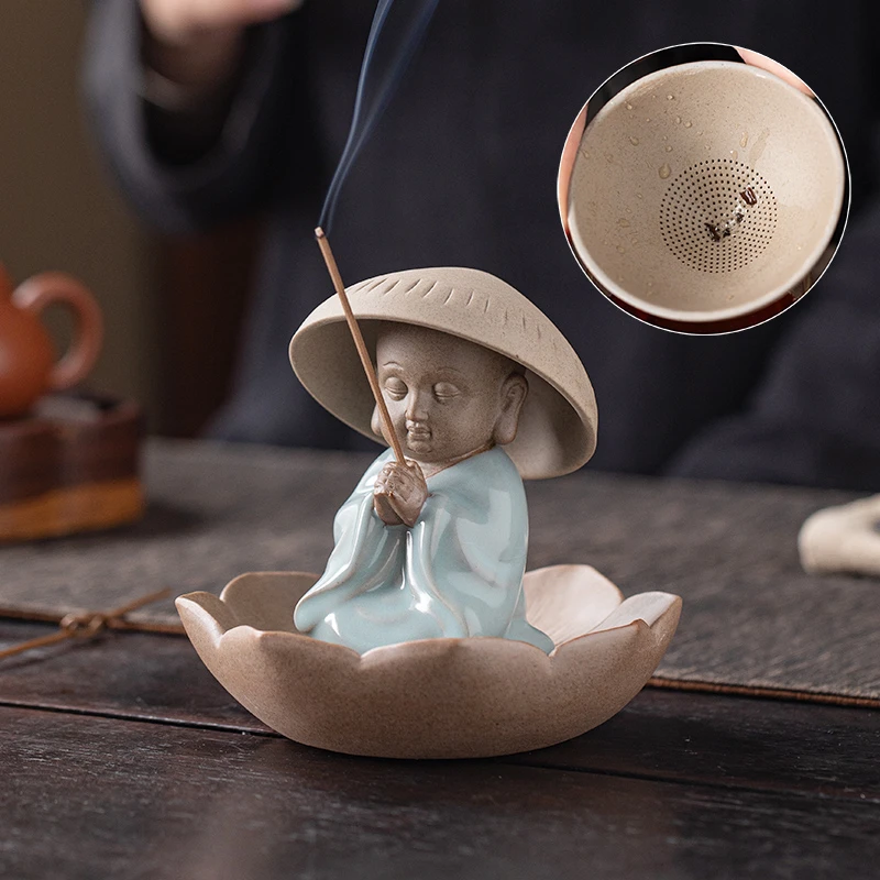 禅意陶瓷斗笠小和尚全瓷一体茶漏茶滤茶桌可养汝窑小沙弥茶宠摆件