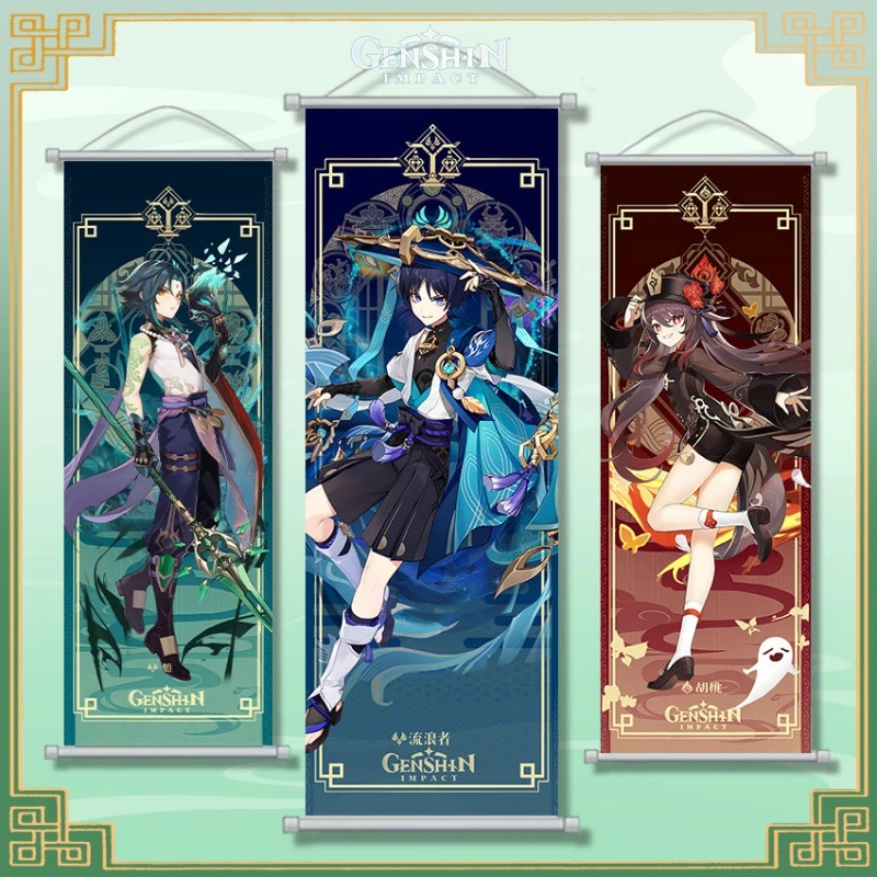 动漫原神卷轴挂画绢布海报钟离温迪甘雨魈塔罗牌二次元周边挂布画