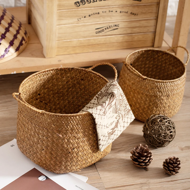 闲储日式编织杂物筐化妆品整理盒手工草编桌面插花篮创意花盆套