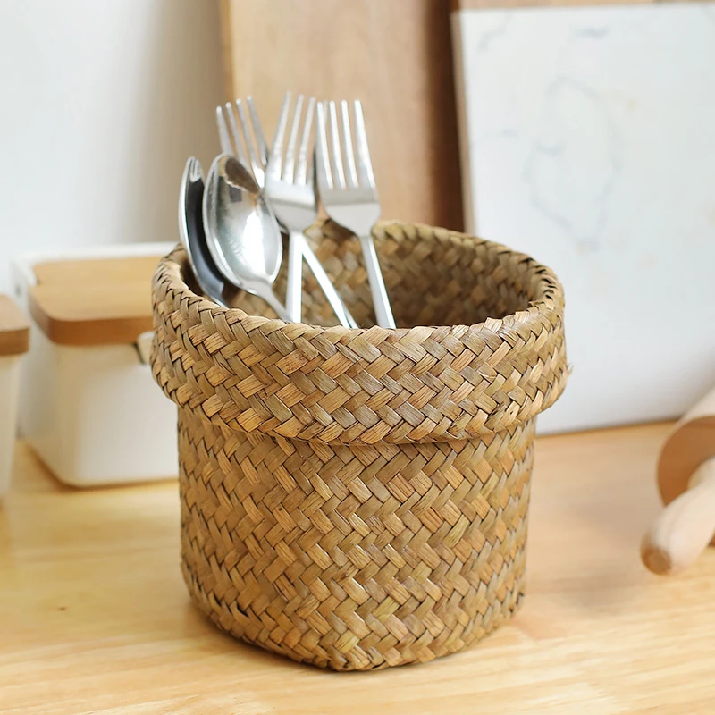 闲储海草编织收纳篮桌面置物筐茶几遥控器杂物收纳桶圆形插花篮