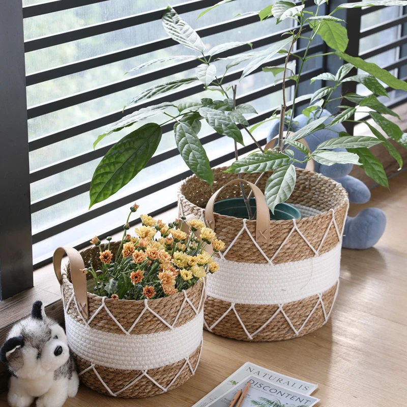 闲储轻奢北欧风琴叶榕天堂鸟花盆套仿真绿植花篮编织特大藤编花盆