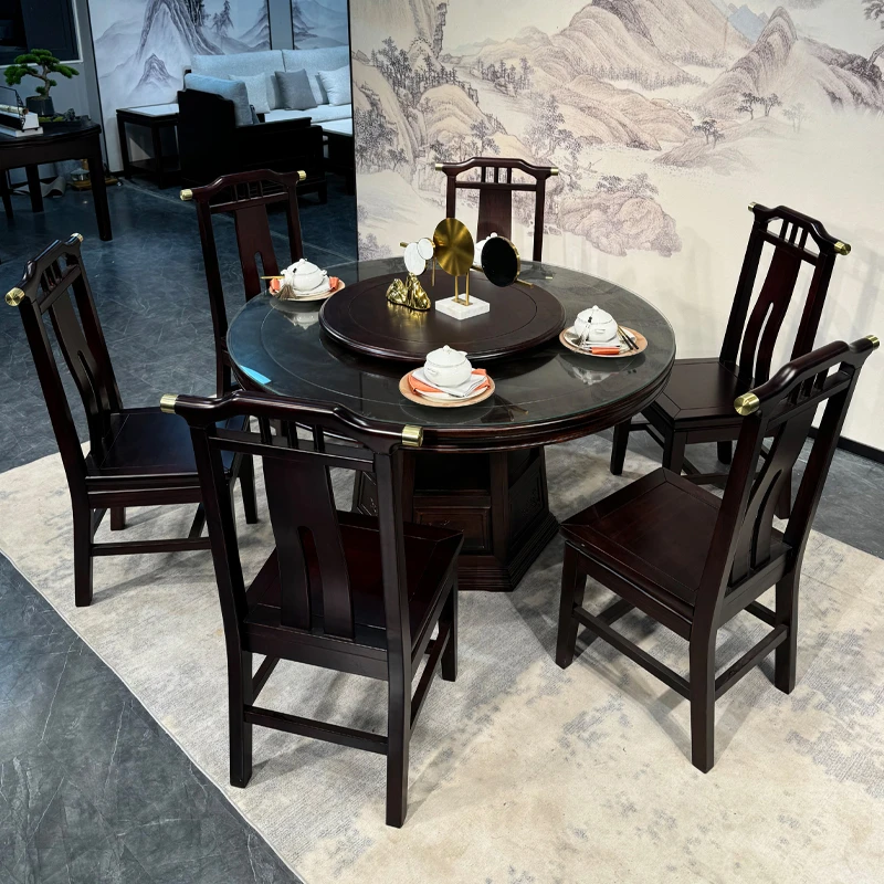 新中式老虎脚黑檀实木餐桌雕花高档别墅黑檀木餐桌榫卯结构