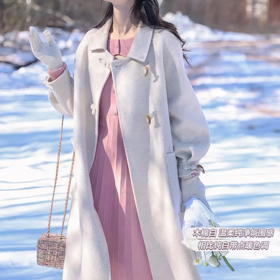 网红新款高端秋冬长毛牛角扣双面羊毛小个子长款毛呢气质宽松外套