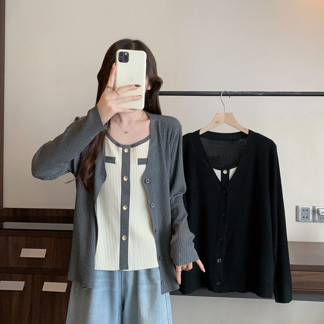 大码美美哒2024年秋季新款时尚洋气假两件针织衫气质显瘦百搭上衣