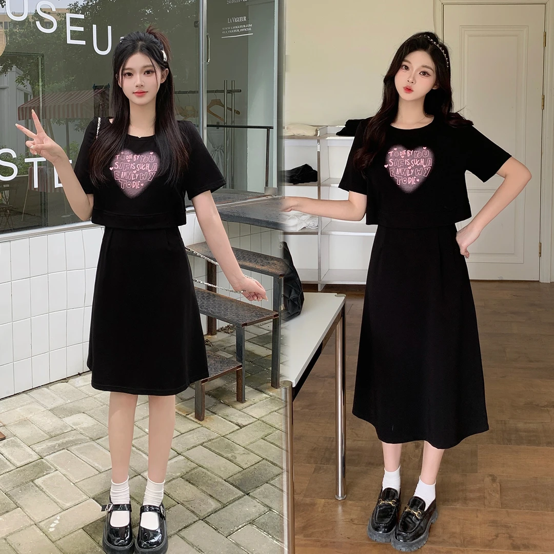 清63106大码2025夏季新款甜酷风闺蜜装a字小黑裙显瘦假两件连衣裙