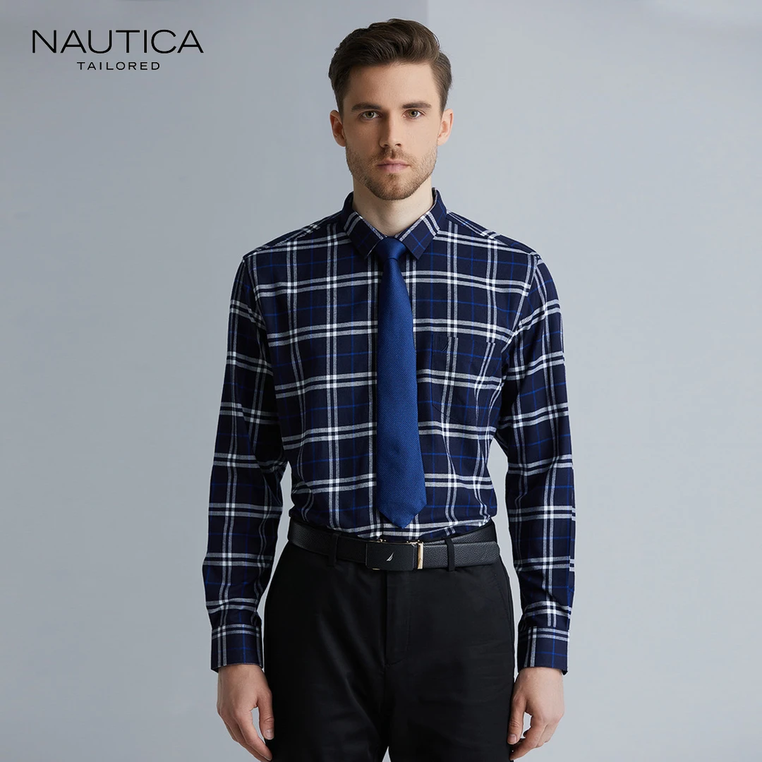 NauticaTailored男士衬衣爸爸装质亲肤商务格纹正装衬衫ZS150174