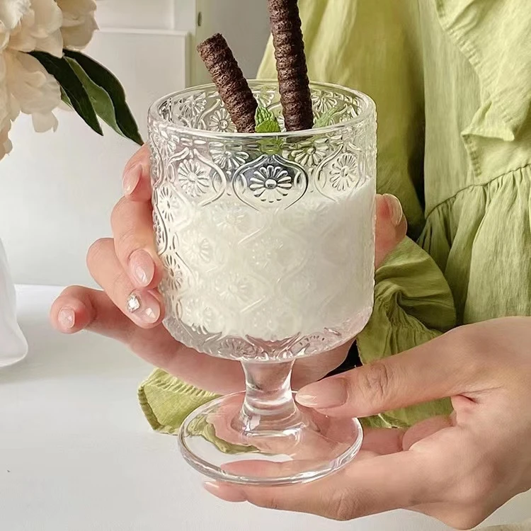 ins欧式复古风家用海棠花高脚杯鸡尾酒杯冷饮杯果汁无铅玻璃杯