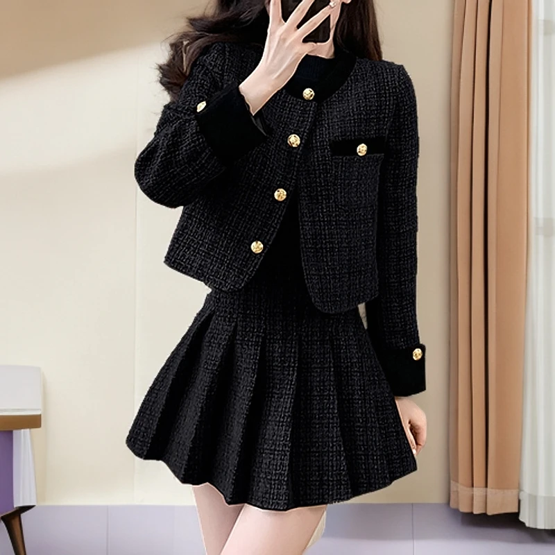 小个子A字百褶短裙外套套装女秋冬夹棉小香风时尚两件套黑色百搭