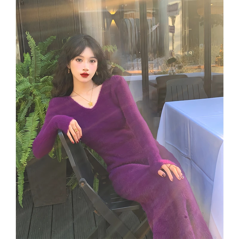 酒午自制【日落万代兰】复古紫色毛绒感加厚款连衣裙-YS335