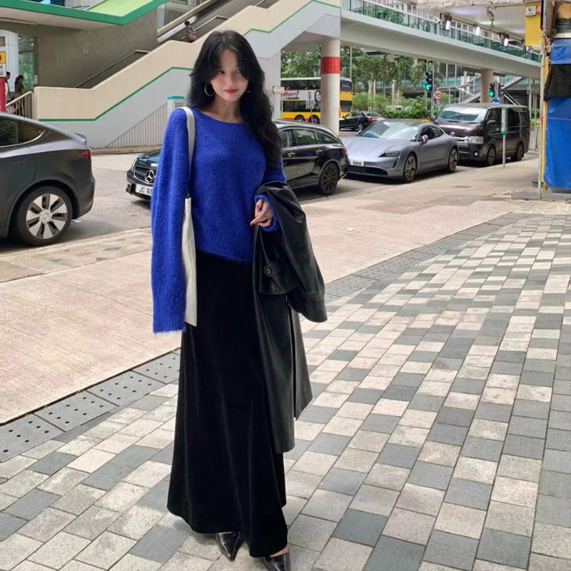 酒午自制新品【一池歌】港风复古丝绒高腰显瘦长款半身裙秋KLF3817