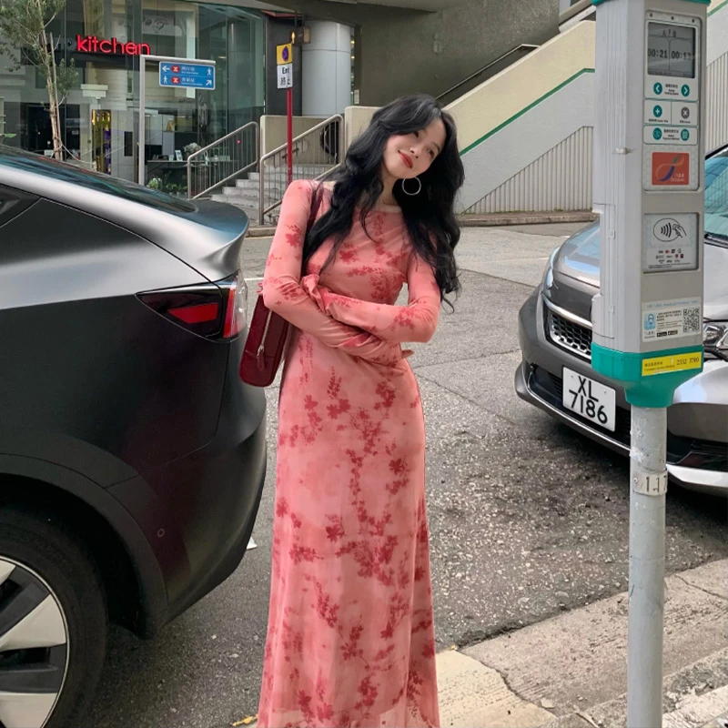 酒午自制【绘秋枝】港风复古网纱印花连衣裙+内搭吊带两件套KLF3848