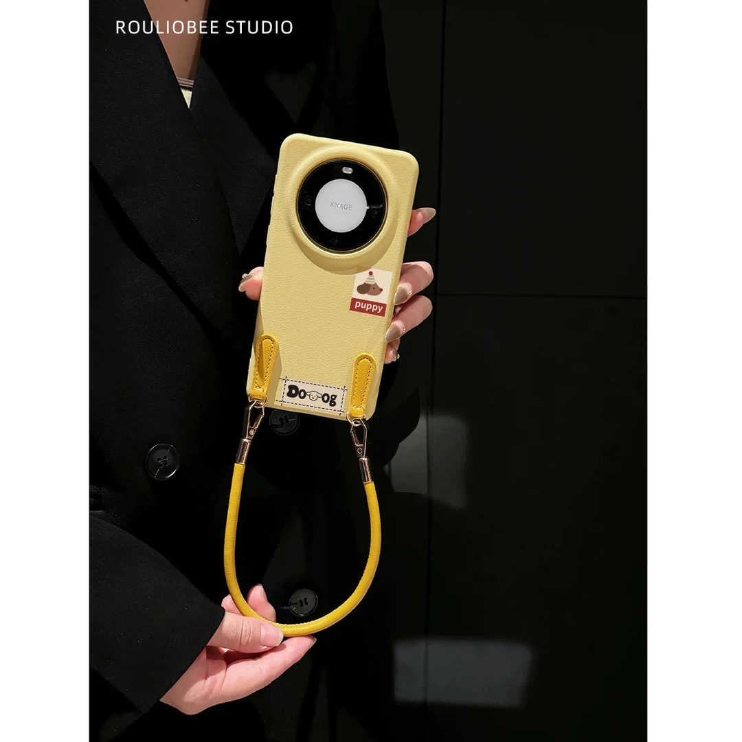 ins标签挂绳皮纹适用iPhone16promax苹果15华为P70手机壳14/13/12