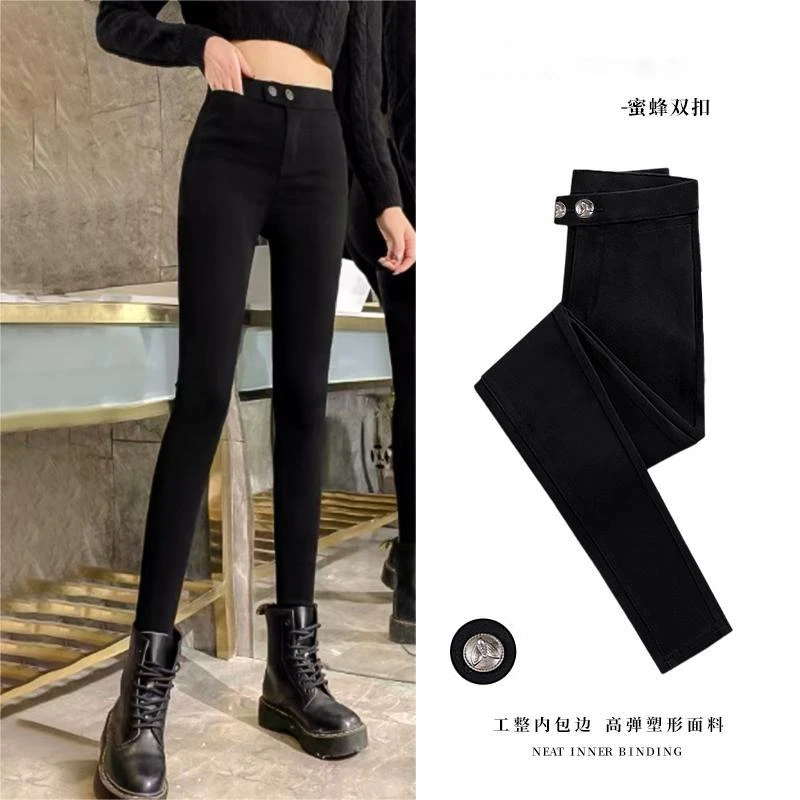 玖兰爵红人上新小黑裤女外穿双扣显瘦紧身黑色牛仔裤春修身小脚裤
