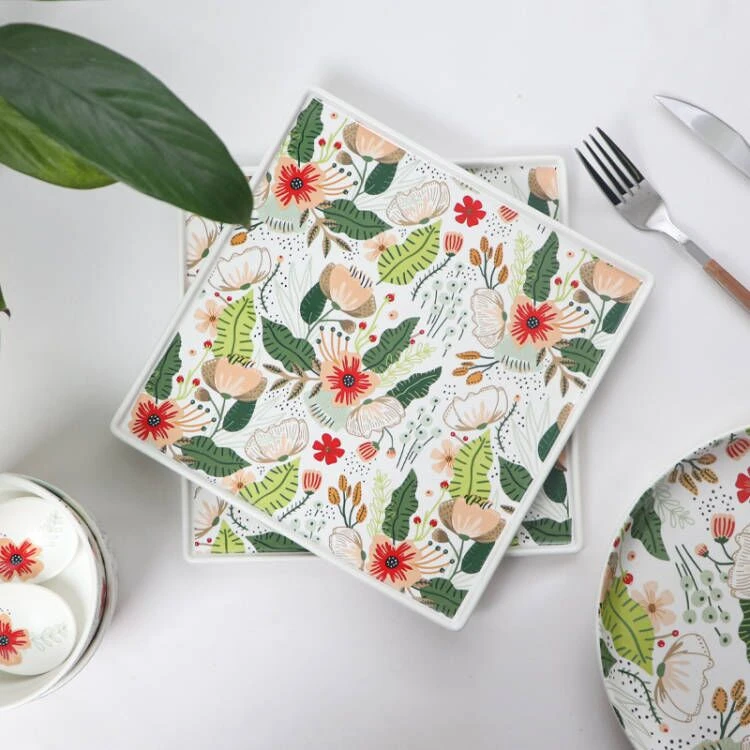 兮房七彩云花方盘陶瓷餐具菜盘家用方碟8.5英寸加厚盘子欧式餐盘