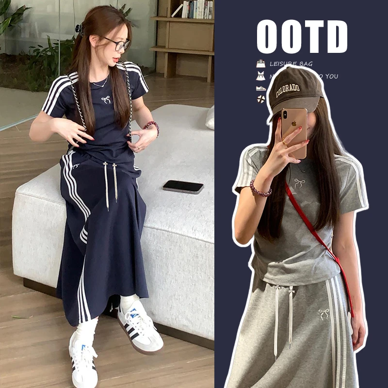 中长款孕妇夏季网红新款韩版运动休闲显瘦时尚蝴蝶结刺绣条纹套装