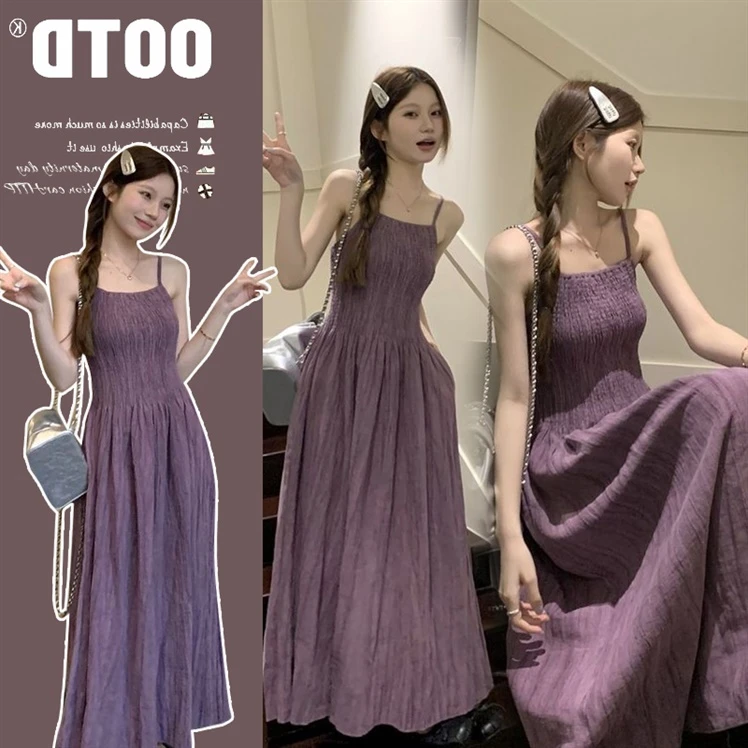 【ZL】孕妇紫色长裙褶皱收腰吊带连衣裙女夏季2024新款度假风A字裙