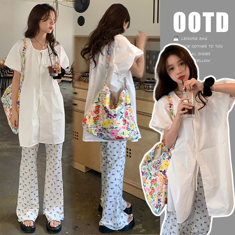 【ZL】孕妇装夏季宽松辣妈衬衫裙时尚2024新款碎花弹力喇叭裤两件套