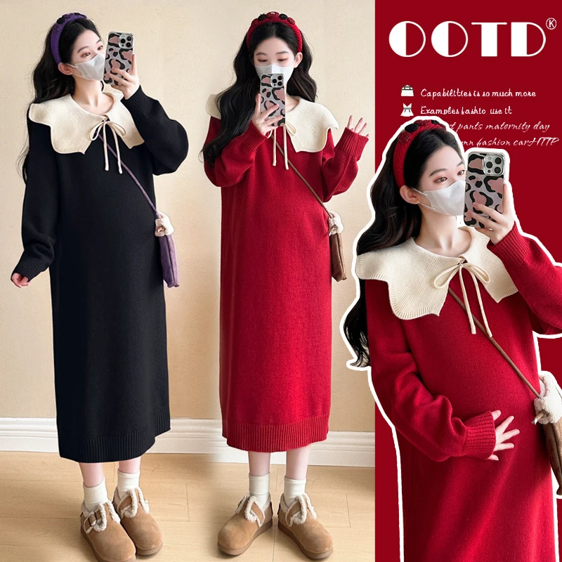 孕妇装2024新款秋冬季毛衣连衣裙套装孕妈高级感穿搭红色大码裙子