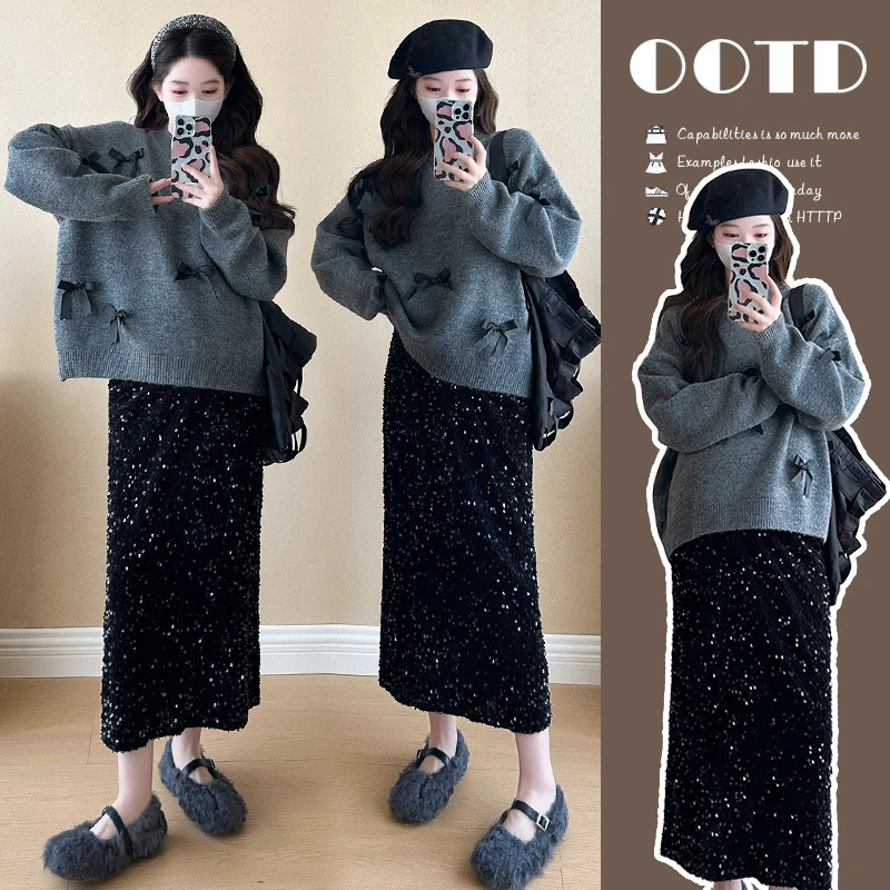 孕妇2024秋冬套装韩版时尚洋气简约蝴蝶结毛衣+亮片半身裙两件套