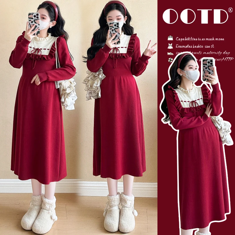 孕妇连衣裙2024新款秋冬过年红荷叶领韩系假两件针织毛衣裙中长款