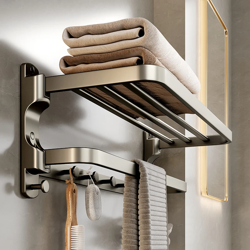 枪灰太空铝毛巾架免打孔卫生间家用浴室置物架厕所卫浴浴巾架套装