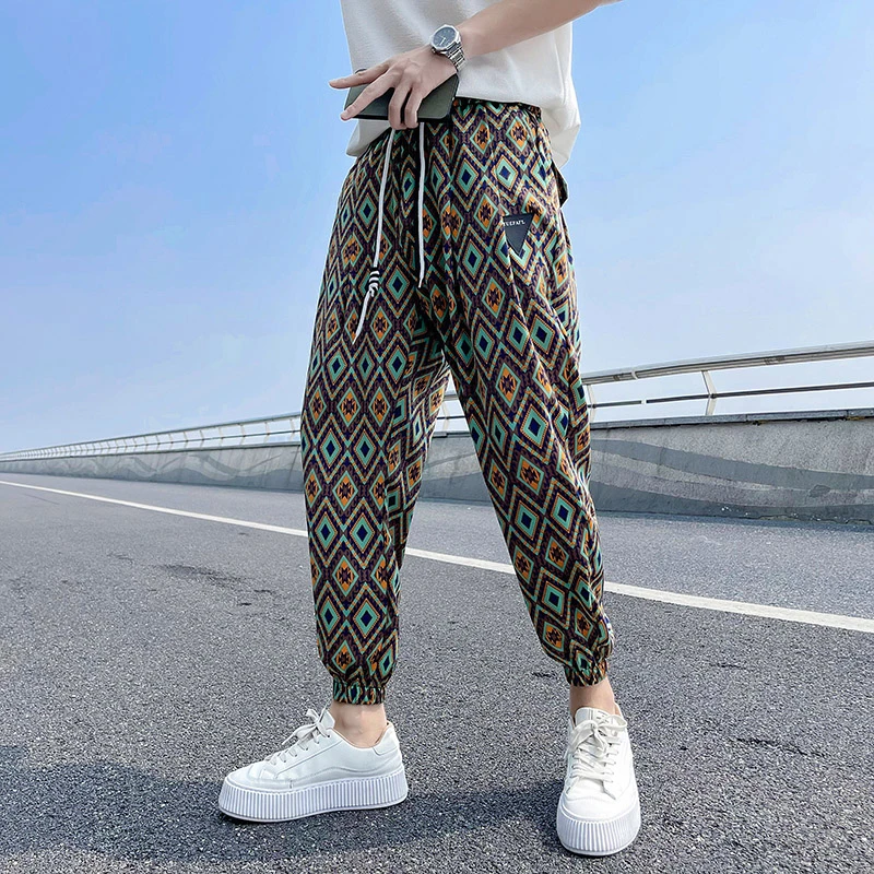 夏季薄款百搭男士休闲裤子印花速干裤潮流束脚潮大码宽松九分裤