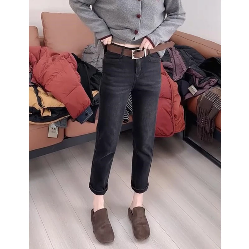 大码弹力直筒牛仔裤女梨型身材穿搭2025春季新款小个子显瘦烟管裤