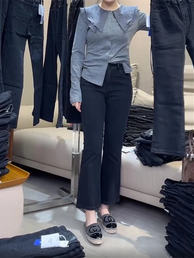 2026春季黑色新款高腰微喇牛仔裤女小个子弹力百搭显瘦直筒喇叭裤