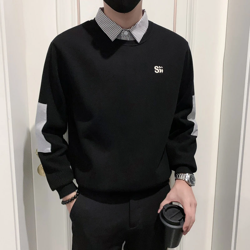 2024冬季潮流棉质百搭韩版衬衫领假两件休闲卫衣时尚套头打底1380