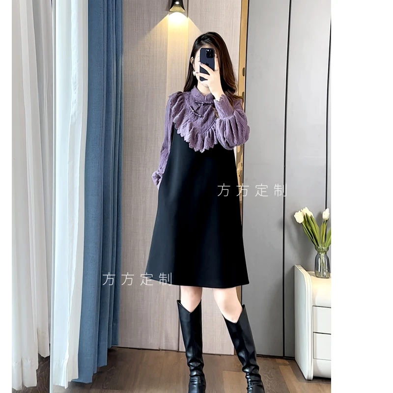 方方定制&秋装新款时尚气质撞色拼接气质减龄赫本风中长款连衣裙