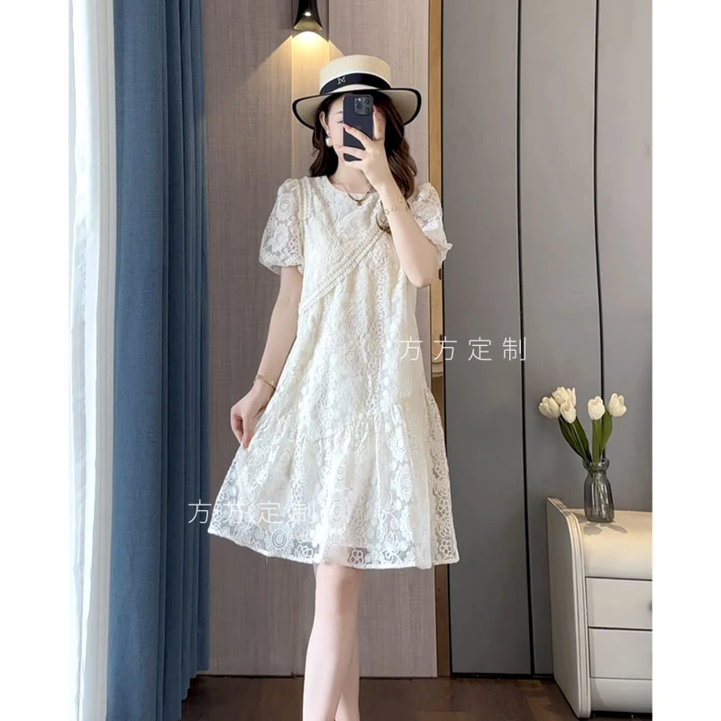 夏季新款时尚气质高级蕾丝刺绣法式泡泡袖休闲龄显瘦中长款连衣裙