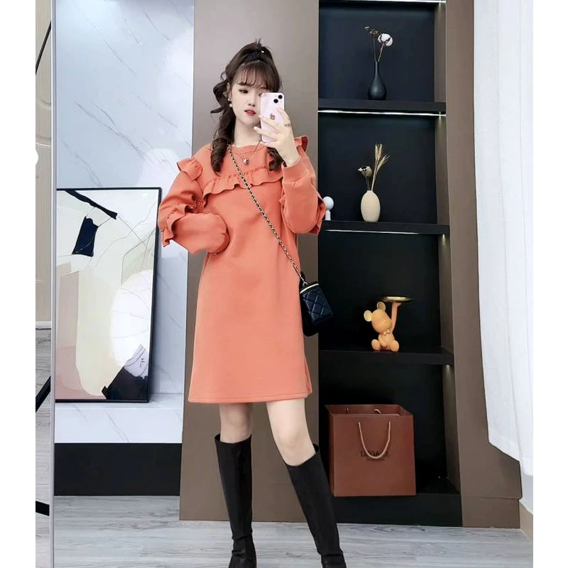 方方定制&秋装新款时尚气质木耳边拼接减龄显瘦百搭中长款连衣裙